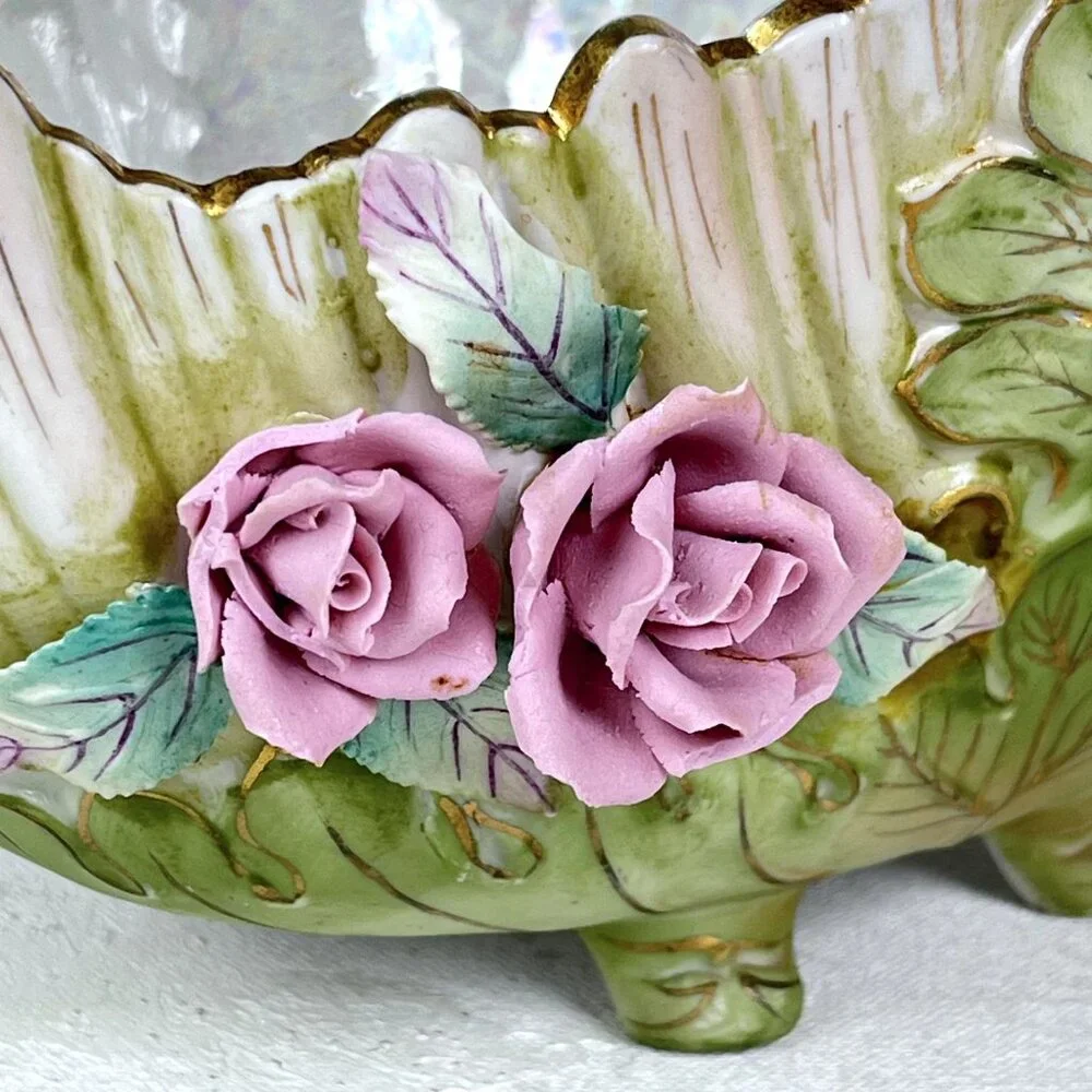 Lefton China Oval‎ Bowl Candy Dish Footed Pearlized 773M Flowers Japan Handpaint
